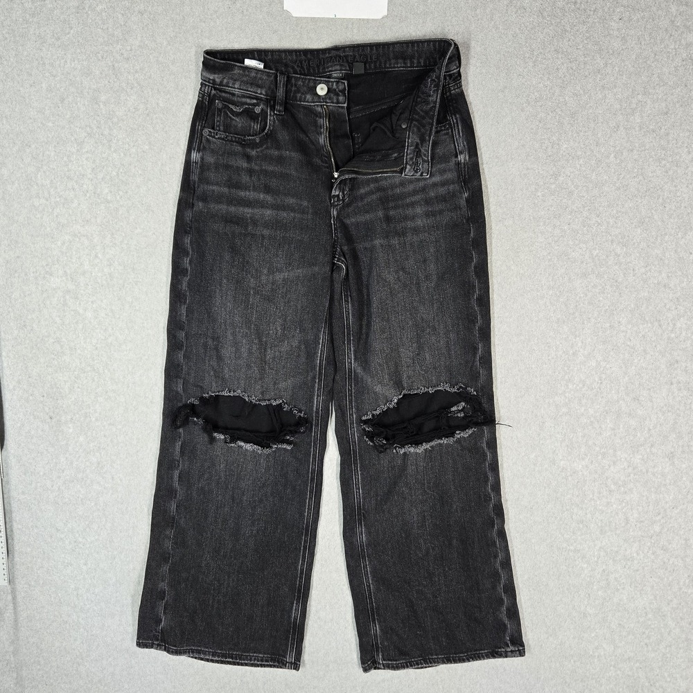 American Eagle Women Jeans 4 SHORT Gray Denim Super High Rise Baggy Wide Leg 27"